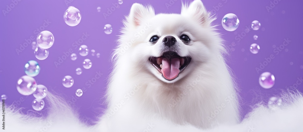 After a bath a cute little white spitz dog with a purple background looks at a bubble blower