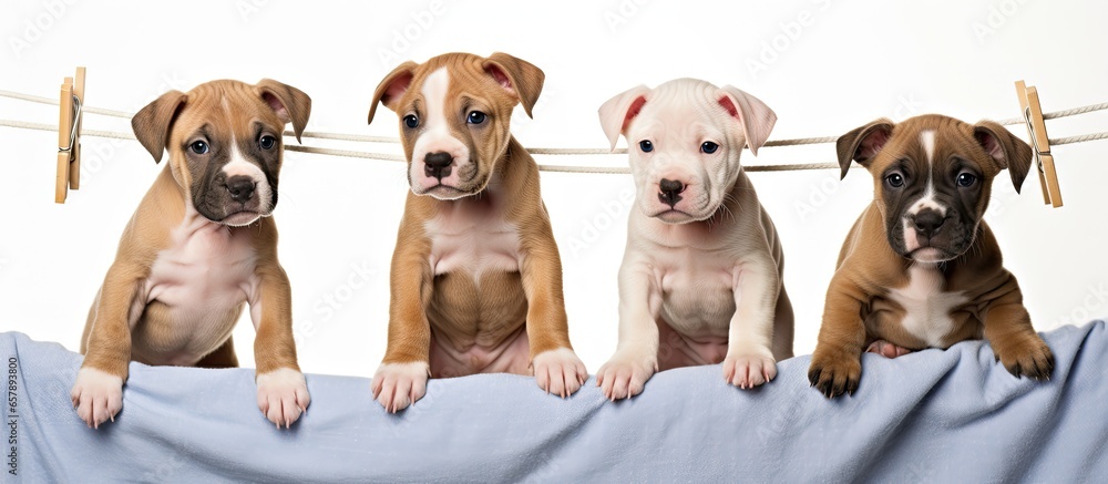 Three American Staffordshire Terrier puppies on a clothesline and two puppies in a washing bowl