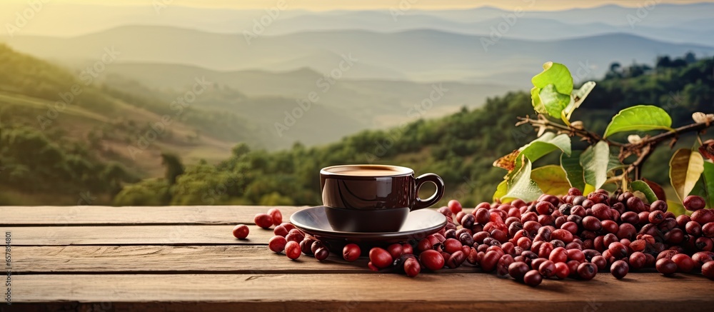 Coffee cup with organic red beans roasts on wooden table plantation background Copy space for text