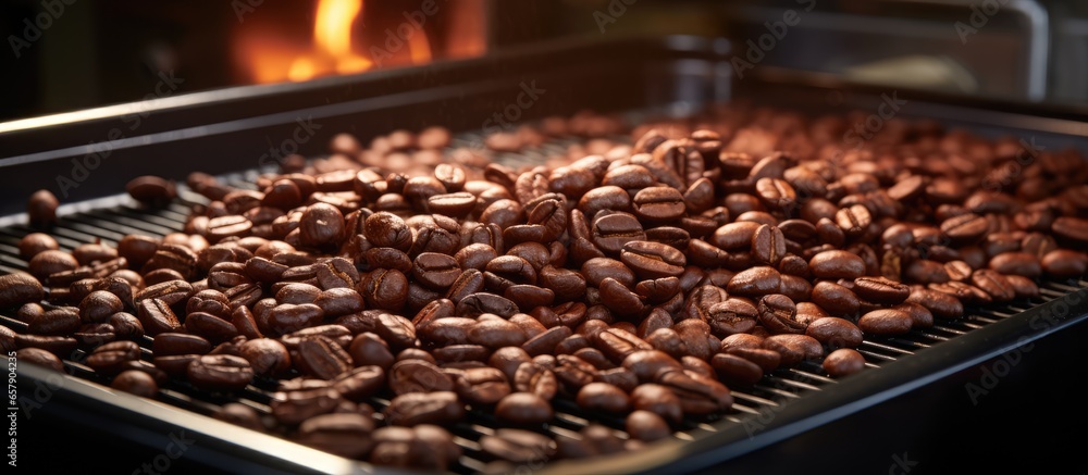 A factory s roasting machine contains a large cooling tray with freshly roasted coffee beans seen from above