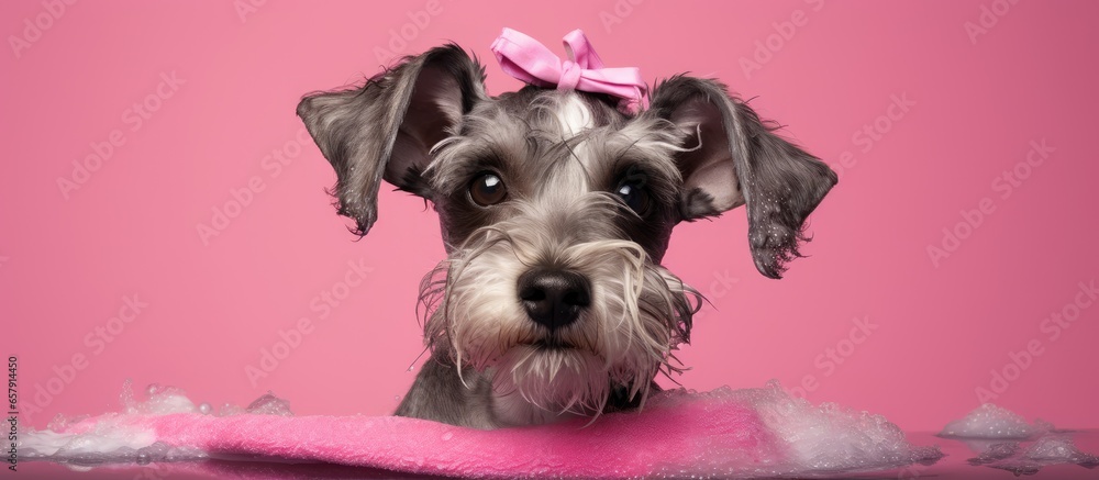 Amusing dog bathing with pink accessories in a vintage basin