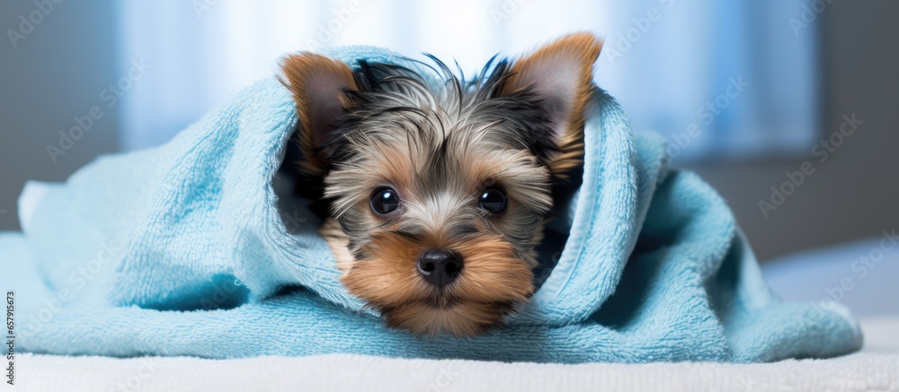 Tiny yorkie pup wrapped in towel post bath