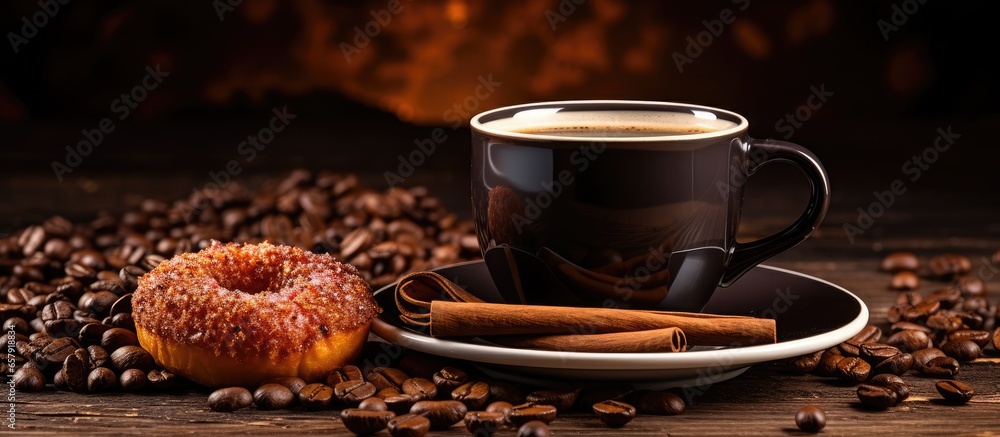 A beautiful cup holds morning coffee black aromatic with various grains and accompanied by cinnamon sticks and a delicious donut on a wooden table