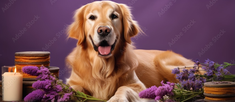 Dog undergoing cosmetic treatments relaxing on a purple background with cucumbers on its face