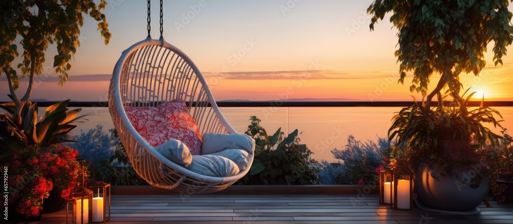 Sunset rooftop deck with hanging chair in patio area