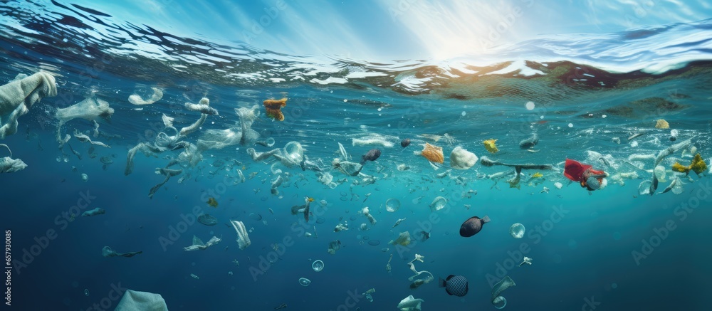 Ocean pollution caused by plastic bottles and microplastics depicted in a illustration