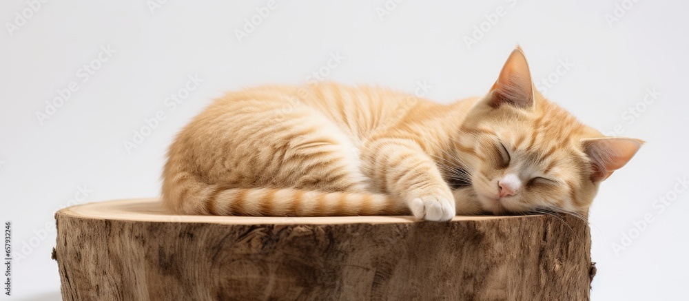 Quality photo of a sleeping cat curled up on a scratching post