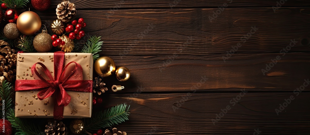 Christmas themed dinner table with gift boxes garland lights and a wooden table symbolizing Christmas and New Year s festivities