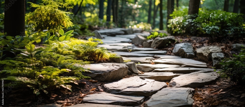 Gardening with natural flagstone pathway in home