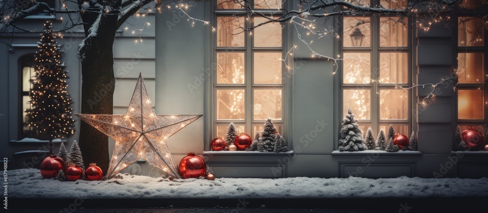 Festive holiday decorations and a Christmas star in a city street in Europe