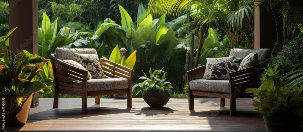 Modern garden furniture on a verandah photographed