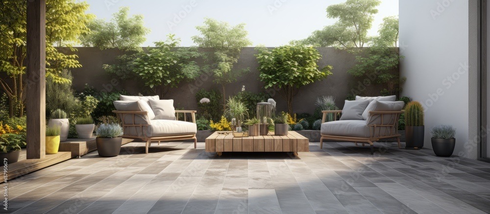 Terrace with grey tiled floor and seating area