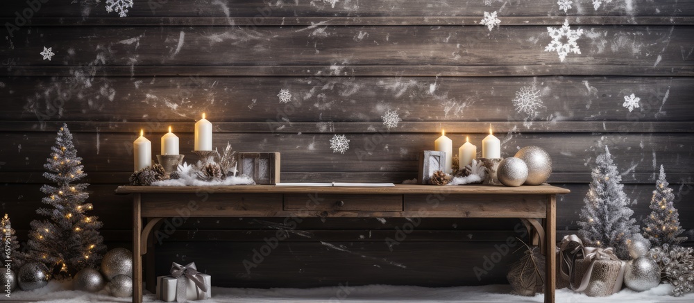 Christmas background with wooden desk beautifully decorated