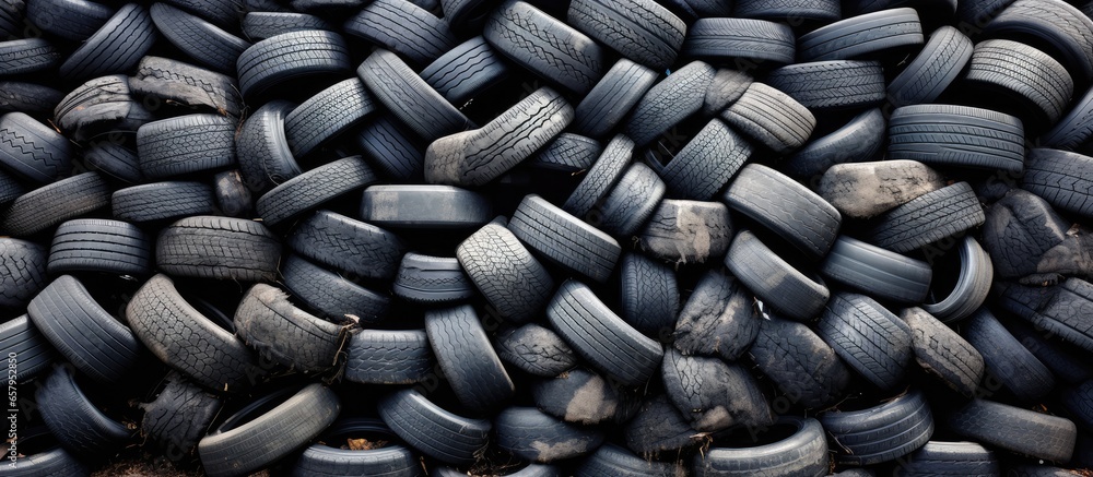 Recycling rubber tires at a junkyard awaiting reuse