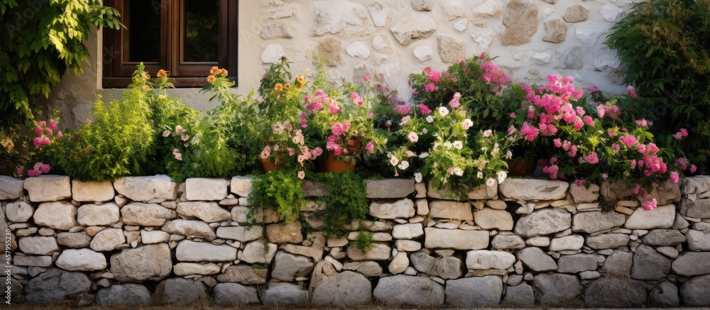 Lonely ancient stone house wall with a flower garden nearby No one present