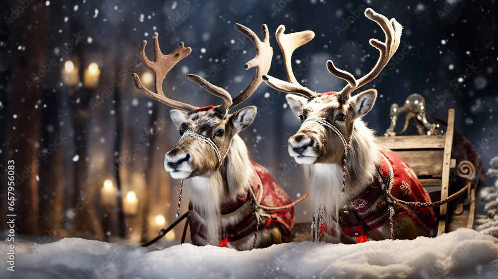 Christmas Reindeer with their sleigh on a snowy night