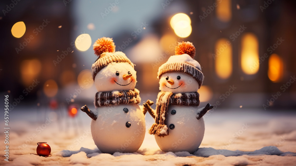 Happy cute snowmen with scarf and hat in an old town