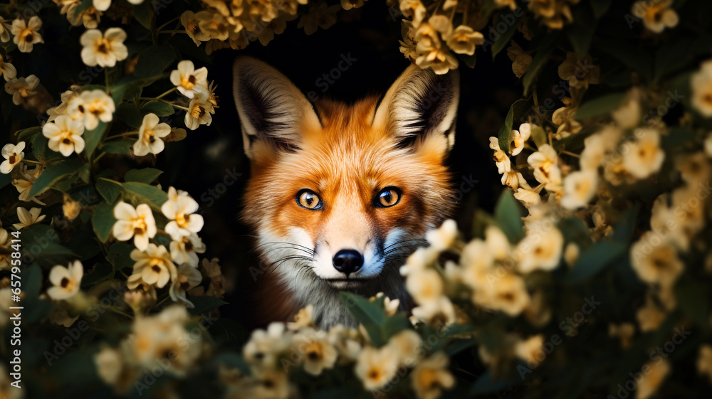 Happy fox peeking his little head from the bushes