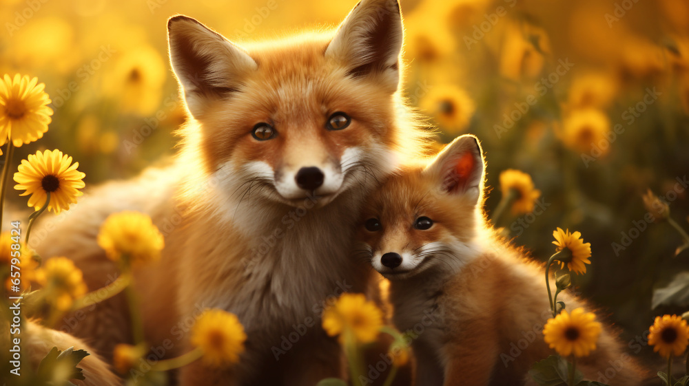 Mother fox with her cubs surrounded by flowers