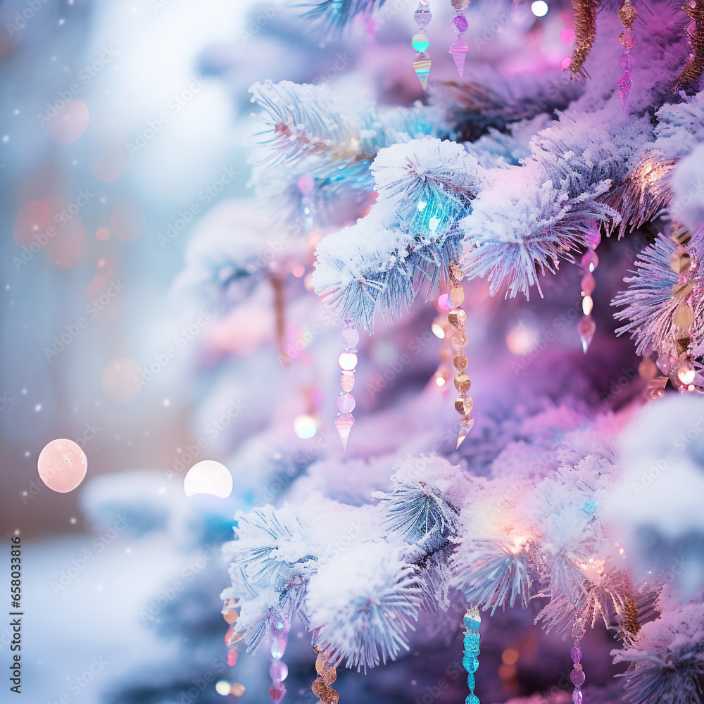 Big Christmas tree outside on a snowy night