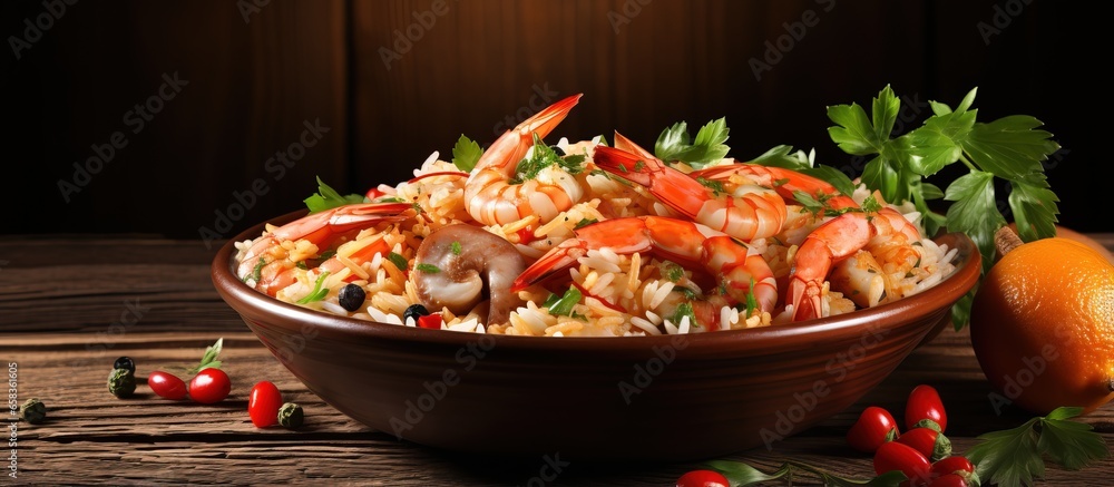 Seafood and royal shrimp risotto on wooden background top view space for text