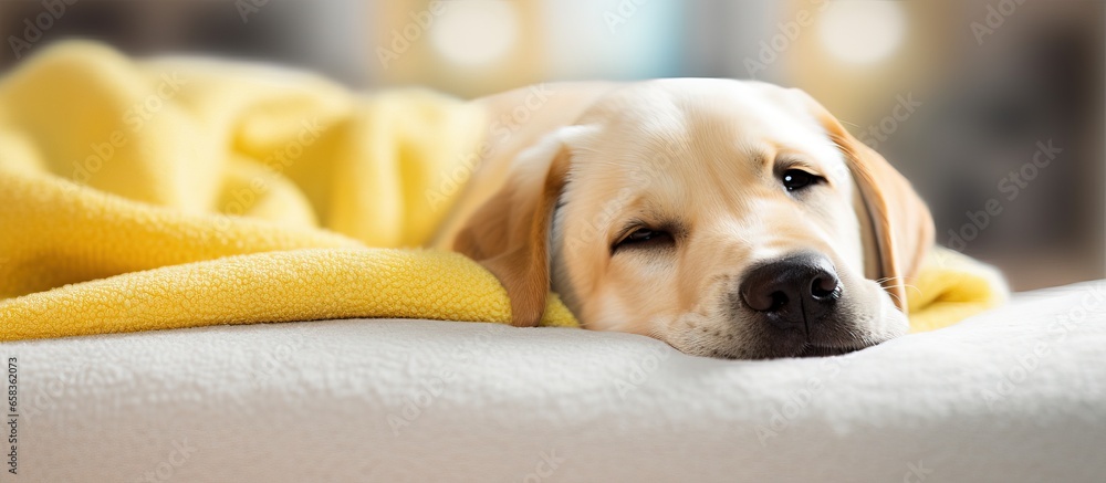 Labrador retriever puppy paw nail grooming at pet salon Yellow lab sleeping on bed with blanket before vet surgery or groom