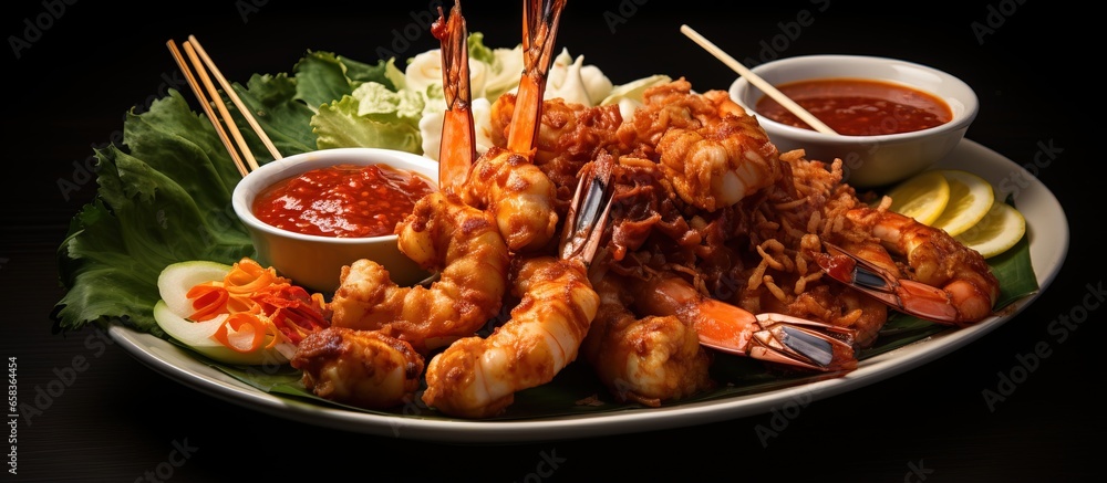 Flavorful seafood and chicken skewers with sweet chilli sauce ideal for fast food