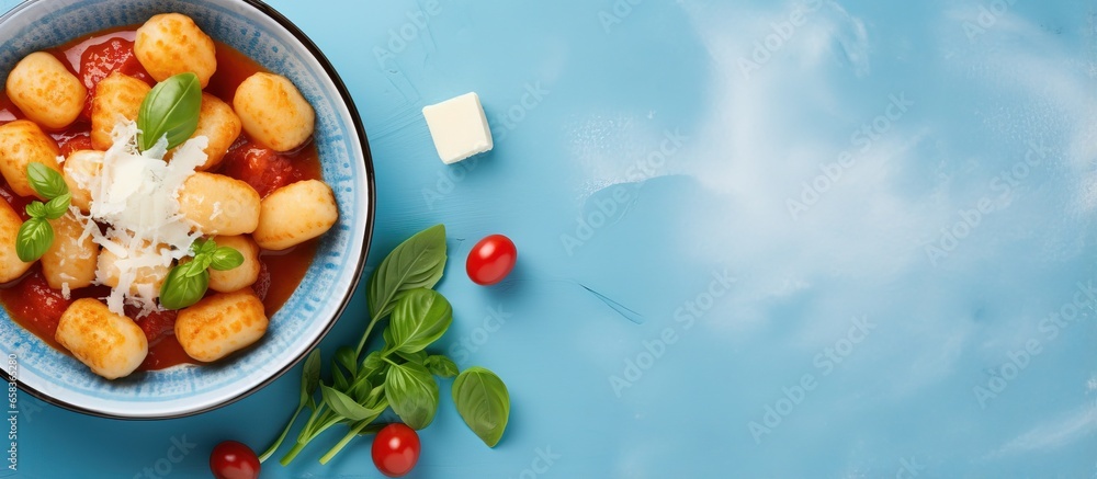 Top view of Italian gnocchi with tomato sauce parmesan fresh basil on blue backdrop