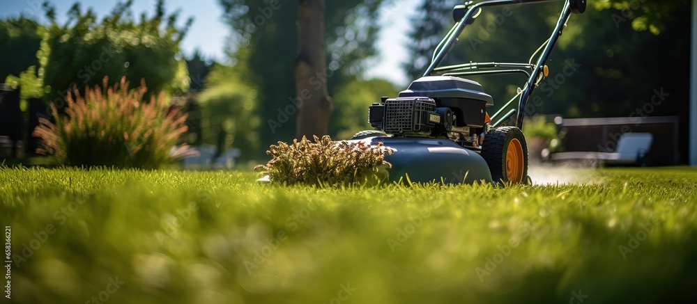 Urban worker mows city streets with manual lawn mower in summer garden work