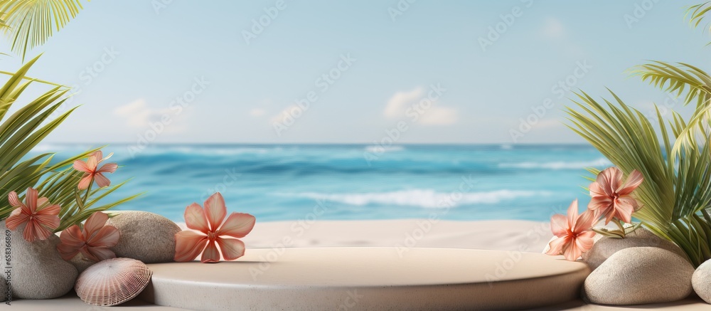 Product display podium on summer beach AIrendered