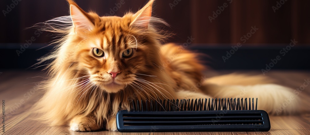 Close up of a wooden floor with a red Maine Coon cat and a comb holding its fur