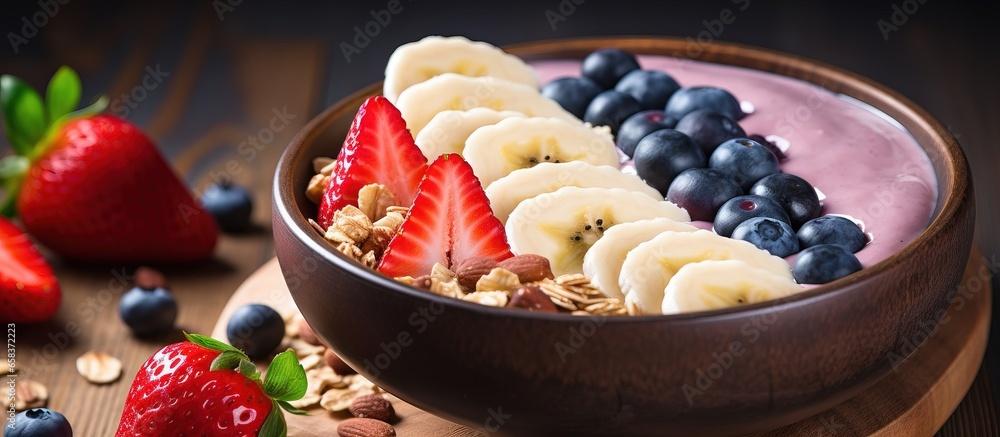 Healthy lifestyle concept with superfood acai smoothie bowl topped with granola banana strawberry and blueberries