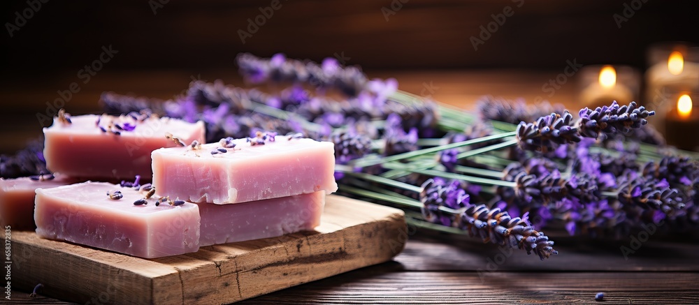 Lavender soap on rustic wood backdrop