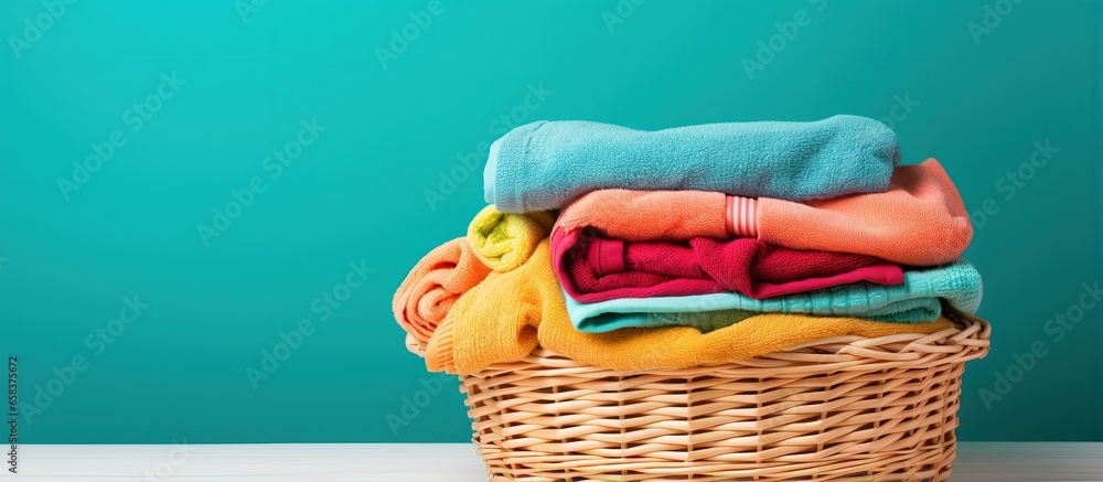 Colorful towels resting on a laundry basket