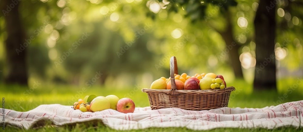 Picnic in the summer park with a fruit filled basket and a cozy blanket