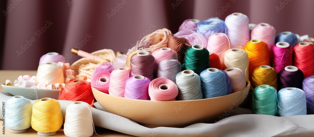 Colorful fabric yarn and thread for creative projects on the table Embroidery knitting and everything for handmade