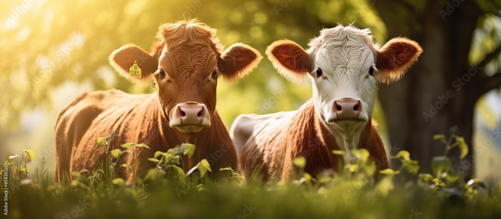 Two lovely cattle sitting in the garden belonging to the Bovidae family in the lush forest during spring