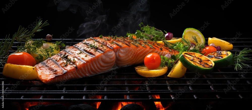 Grilled salmon with vegetable skewers on a flaming grill