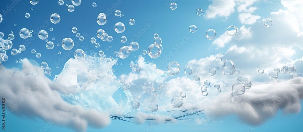 Clothes soar amidst blue clouds with washing powder bubbles