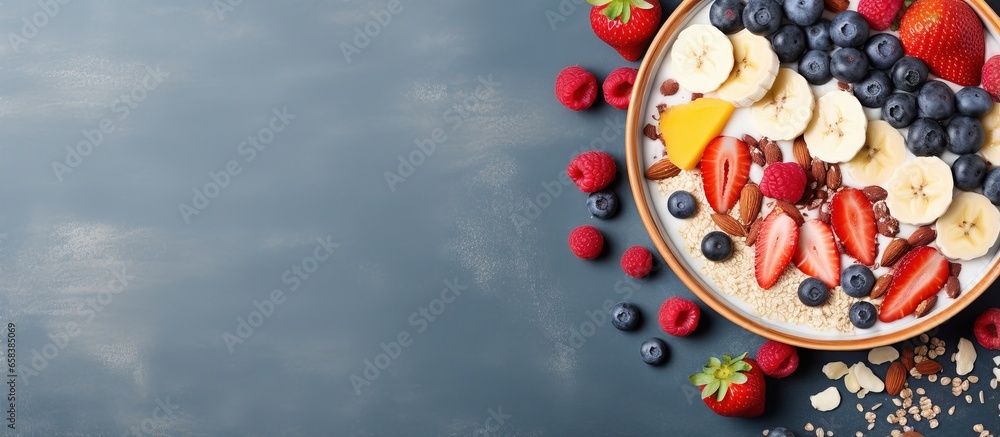 Healthy concept of weight loss and dieting depicted by a top view of a smoothie bowl with banana strawberry blueberries granola and pomegranate seeds