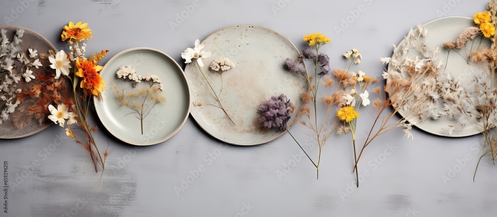 Handmade ceramic plates with flowers on white background top view copy space