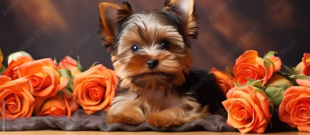 Yorkshire terrier pup with blossoms