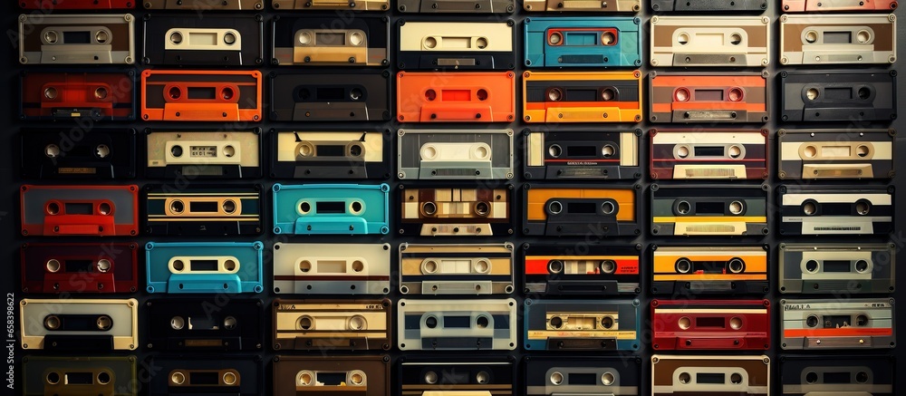 Vast assortment of vintage audio tapes Nostalgic music ambiance