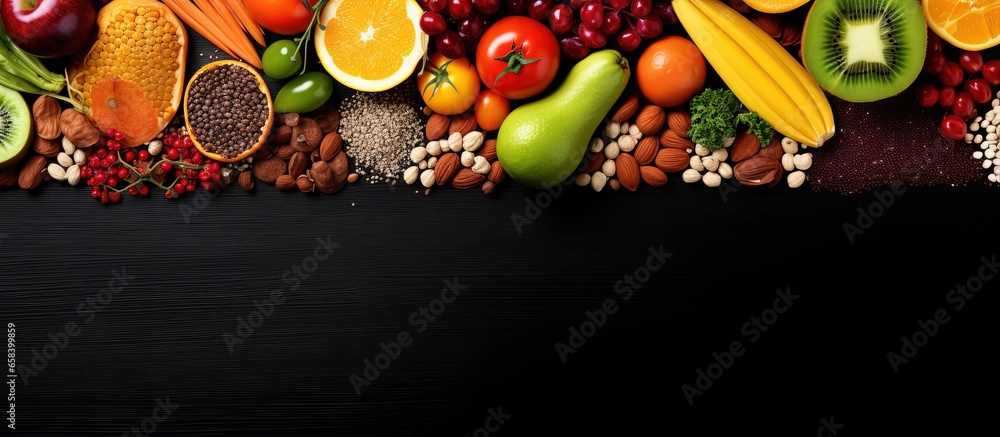 Various nutritious foods as a closeup backdrop