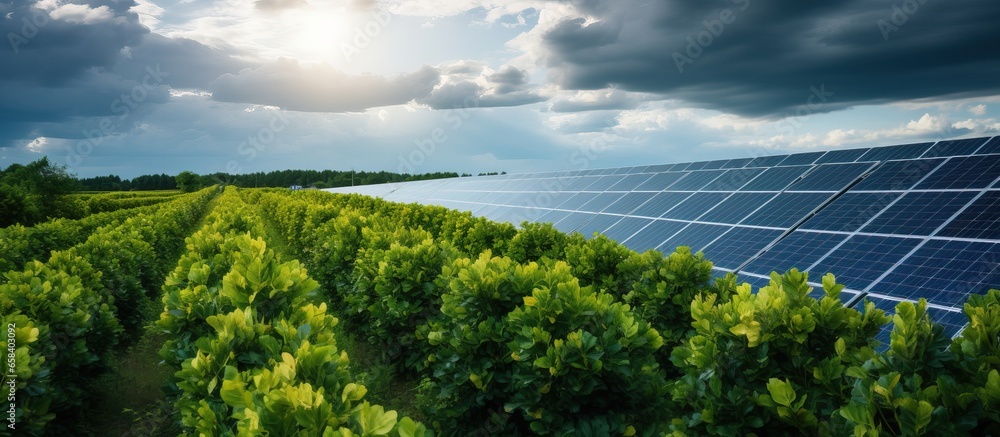 Bird s eye view of solar panels in a solar farm with trees and sunlight reflecting on them