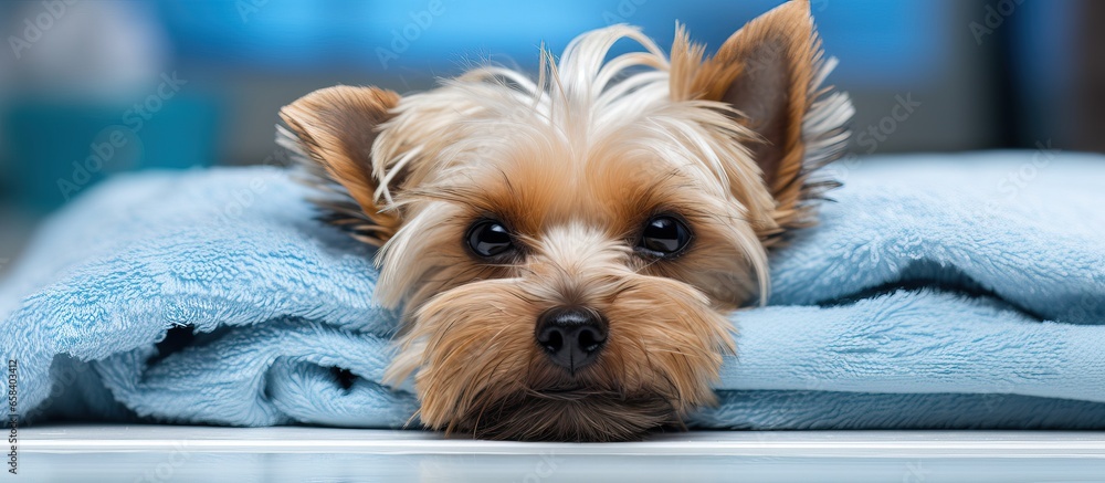 Yorkshire terrier resting on towels after a bath in a closeup photo