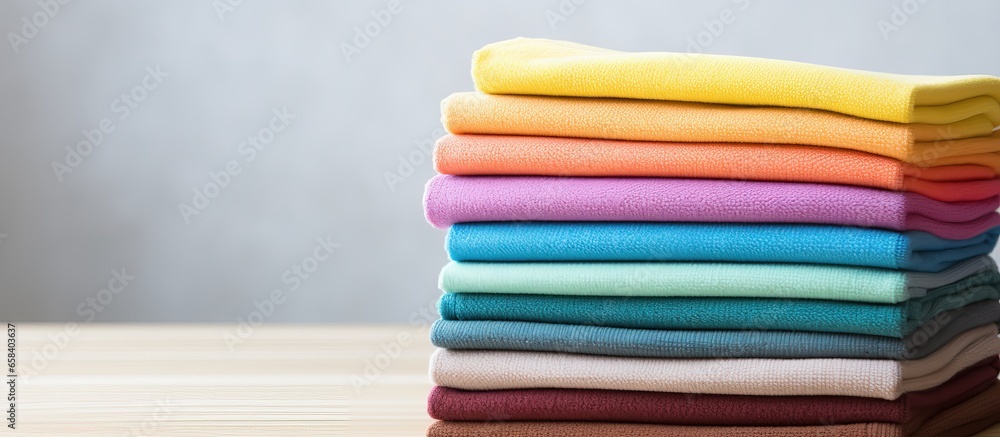 Colorful microfiber cloths stacked on table room for text