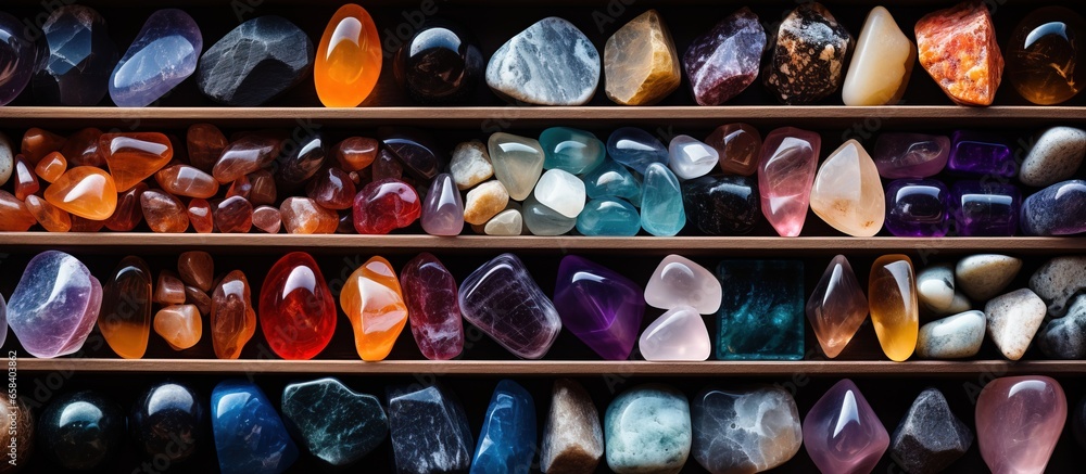 Boxed multicolored gemstones for various spiritual practices such as healing meditation and ritual sold at a market stall