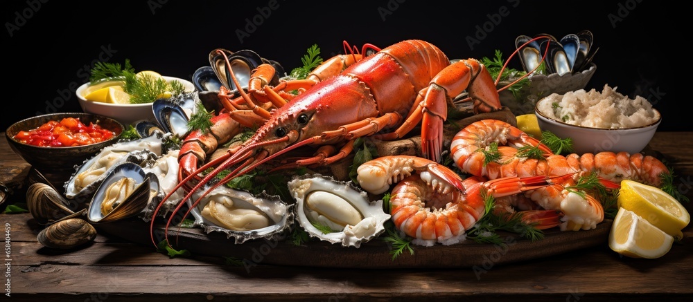 Seafood platter including lobster mussels and oysters