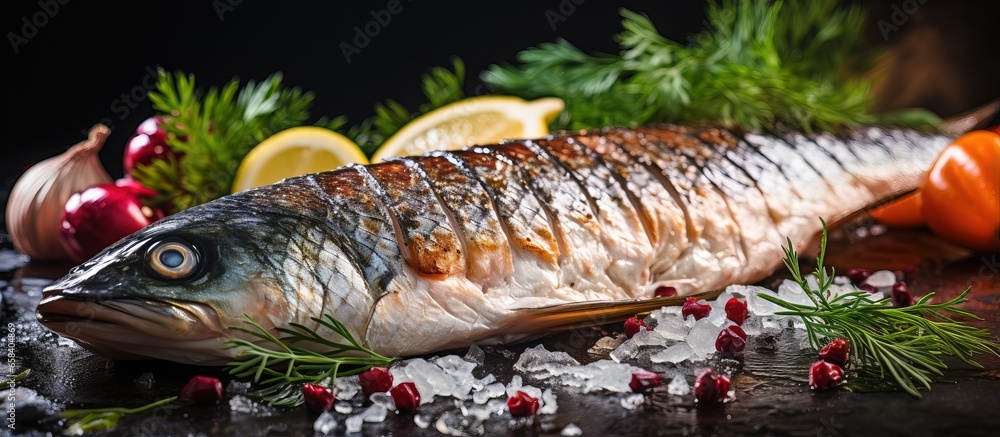 The chef seasons delicious fish for cooking dinner in the hotel kitchen specializing in European cuisine